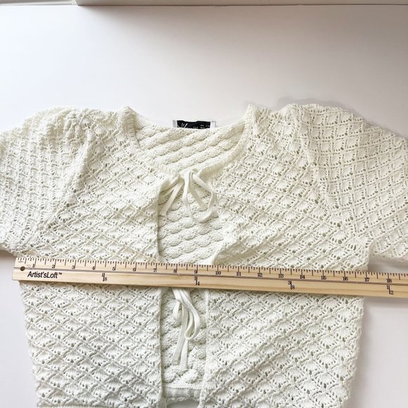 Zara Ivory Open Knit Tie Front Cardigan Ruffle Trim Cottage Boho - Size Small - Picture 6 of 7